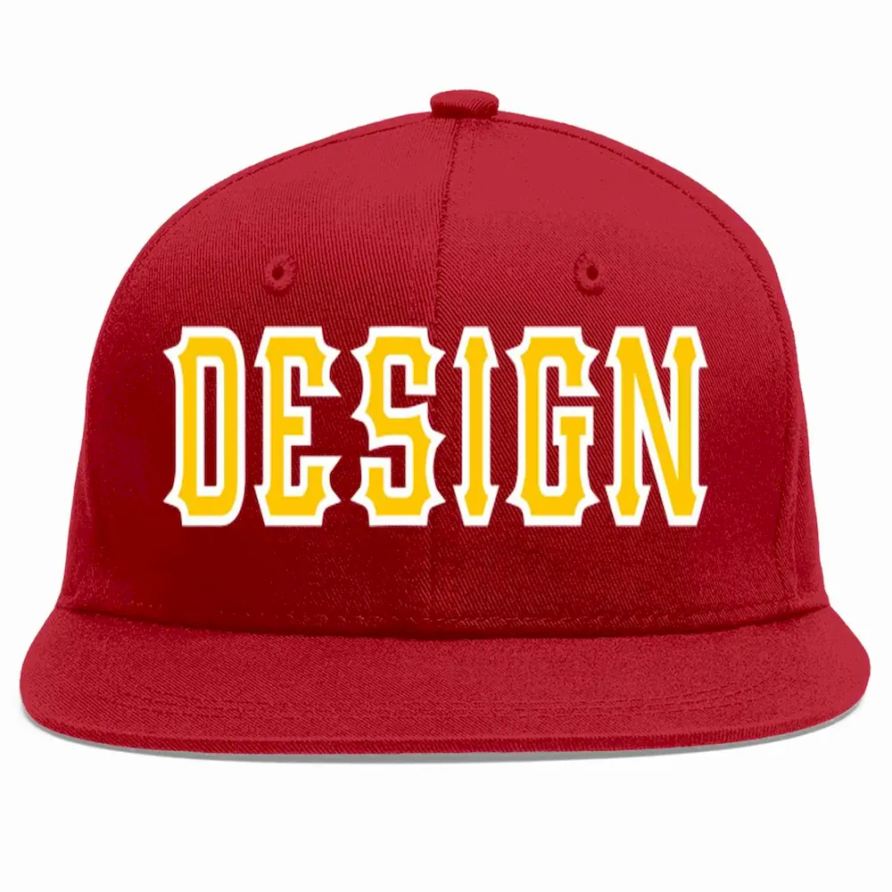Custom Red Gold-White Flat Eaves Sport Baseball Cap Design for Men/Women/Youth
