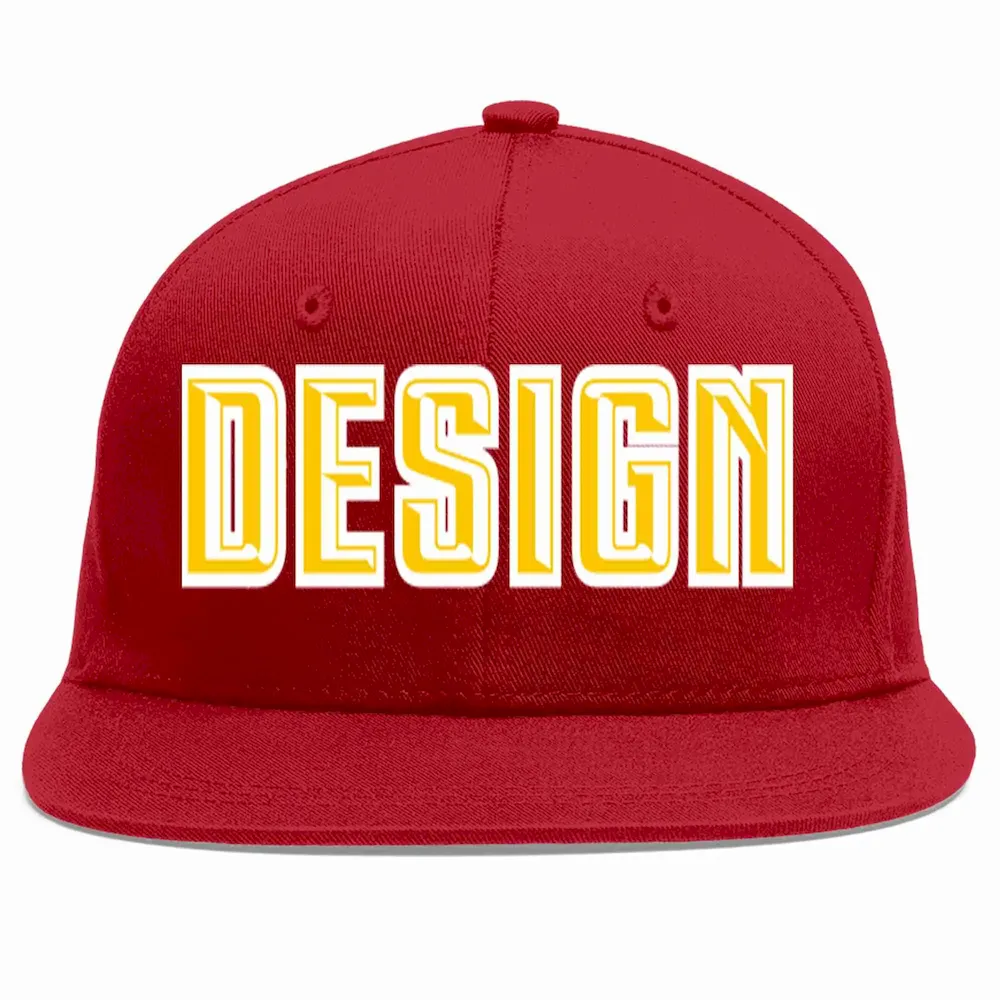 Custom Red Gold-White Flat Eaves Sport Baseball Cap Design for Men/Women/Youth