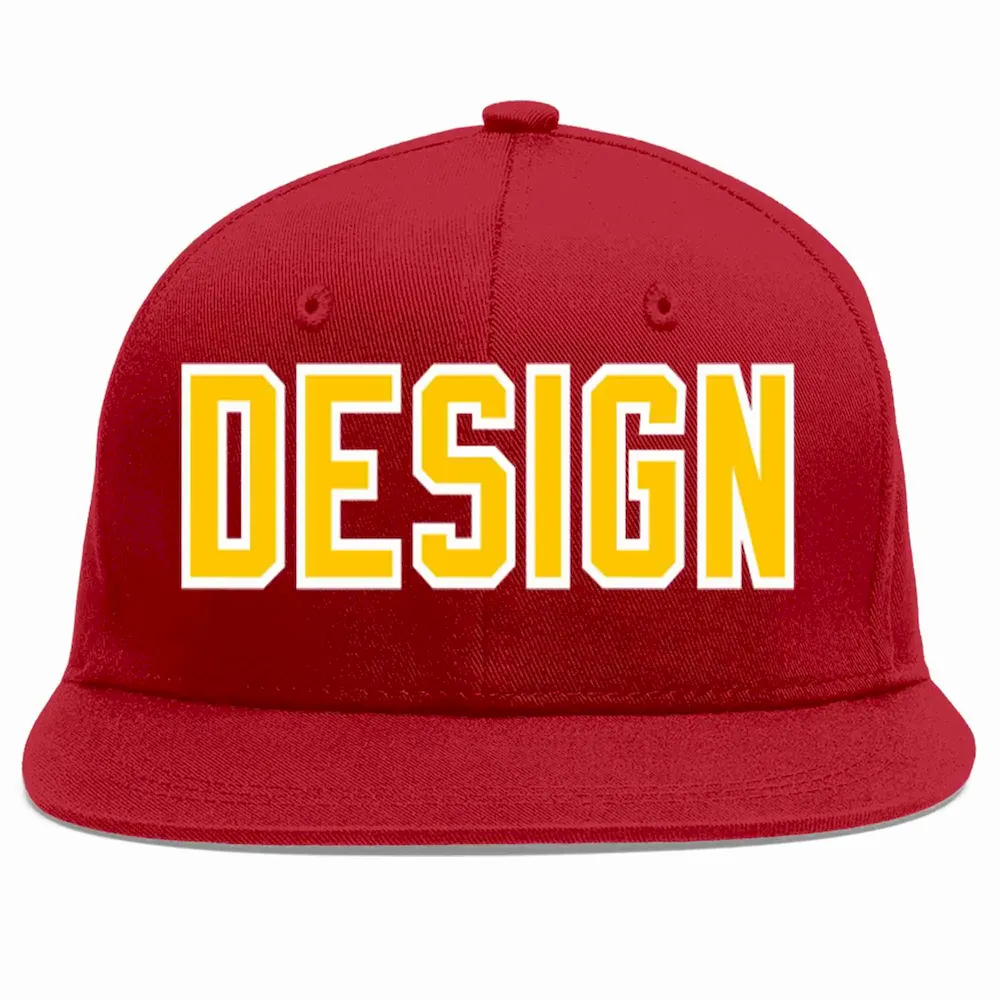 Custom Red Gold-White Flat Eaves Sport Baseball Cap Design for Men/Women/Youth