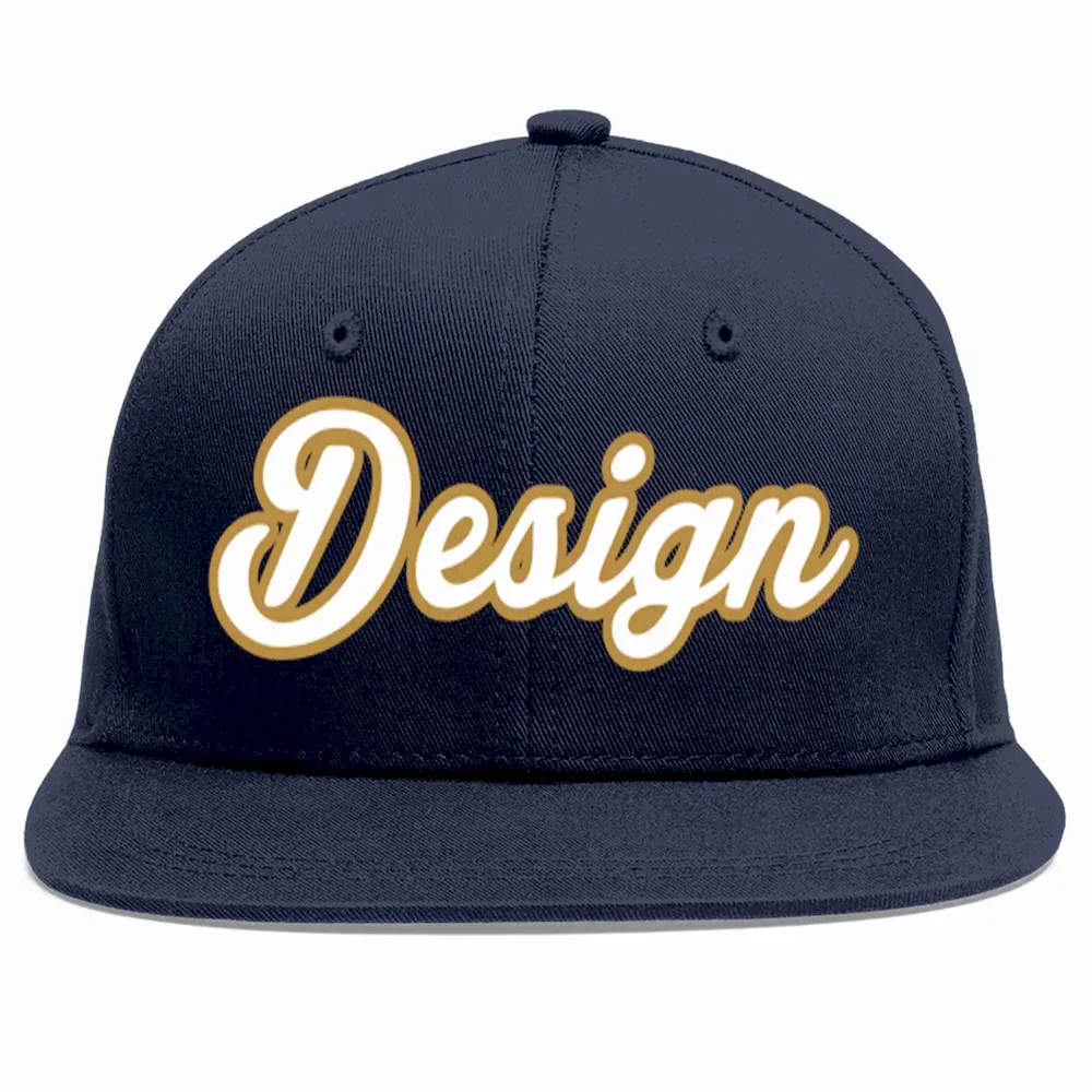 Custom Navy White-Old Gold Flat Eaves Sport Baseball Cap Design for Men/Women/Youth