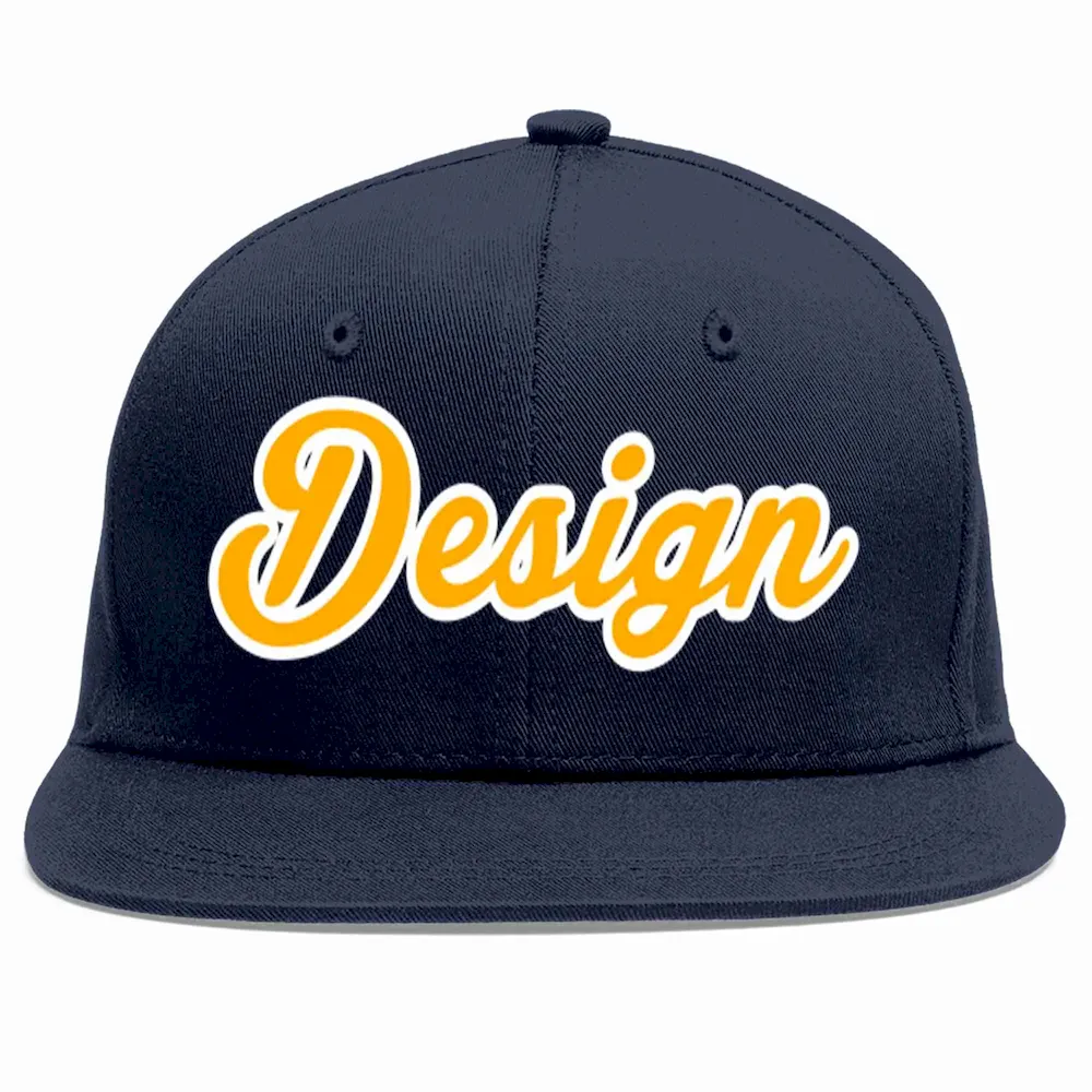 Custom Navy Yellow-White Flat Eaves Sport Baseball Cap Design for Men/Women/Youth