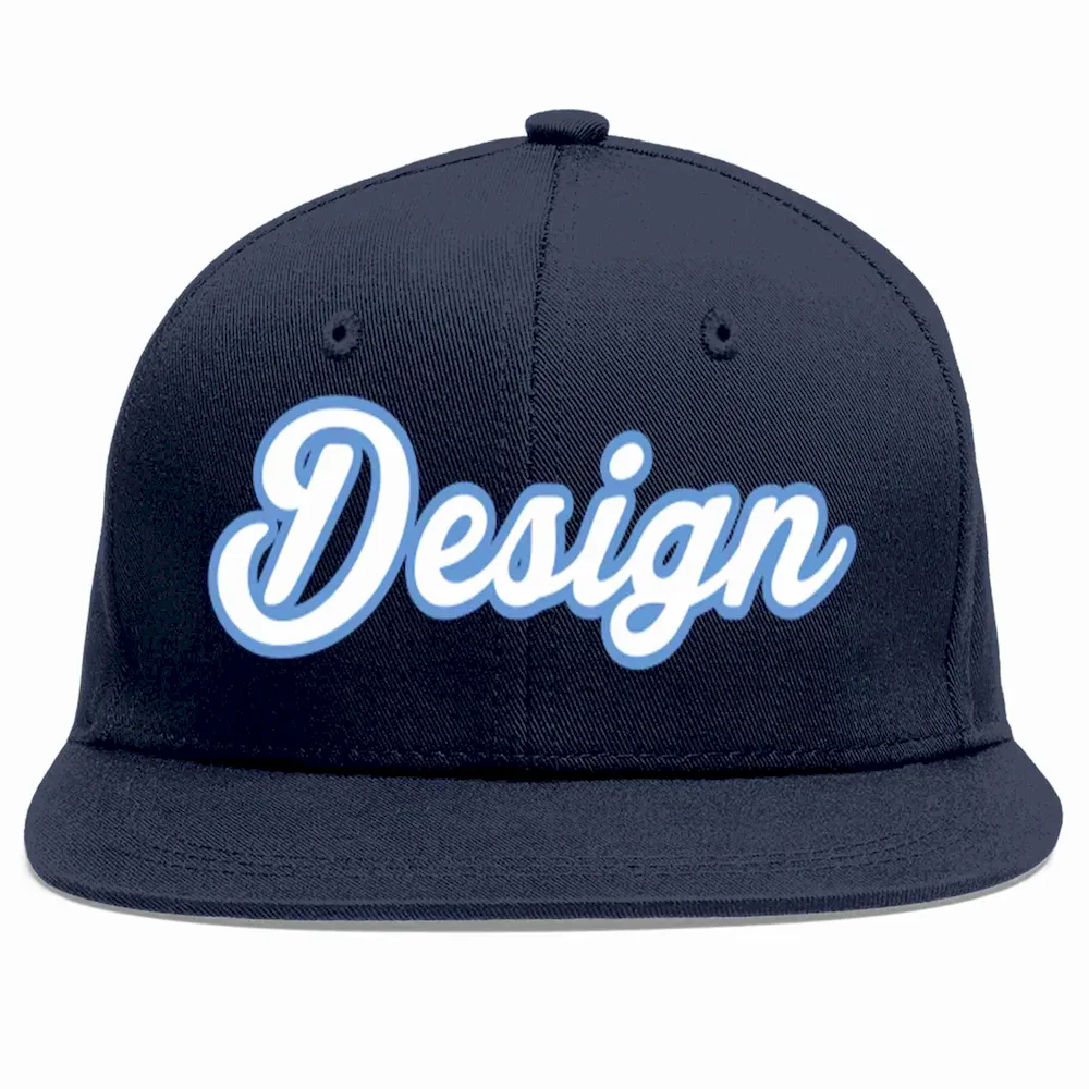 Custom Navy White-Light Blue Flat Eaves Sport Baseball Cap Design for Men/Women/Youth
