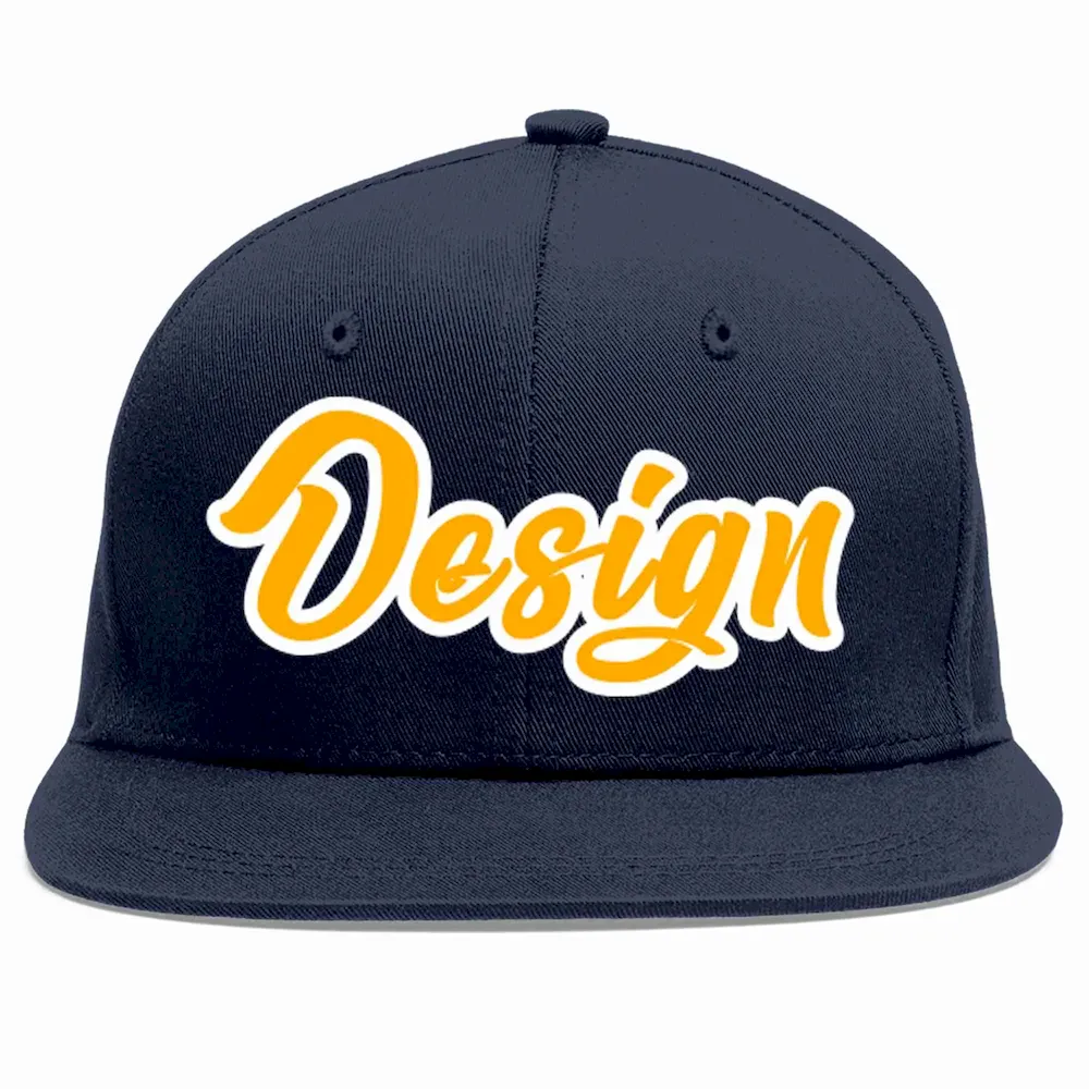 Custom Navy Yellow-White Flat Eaves Sport Baseball Cap Design for Men/Women/Youth