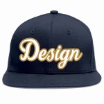 Custom Navy White-Old Gold Flat Eaves Sport Baseball Cap Design for Men/Women/Youth