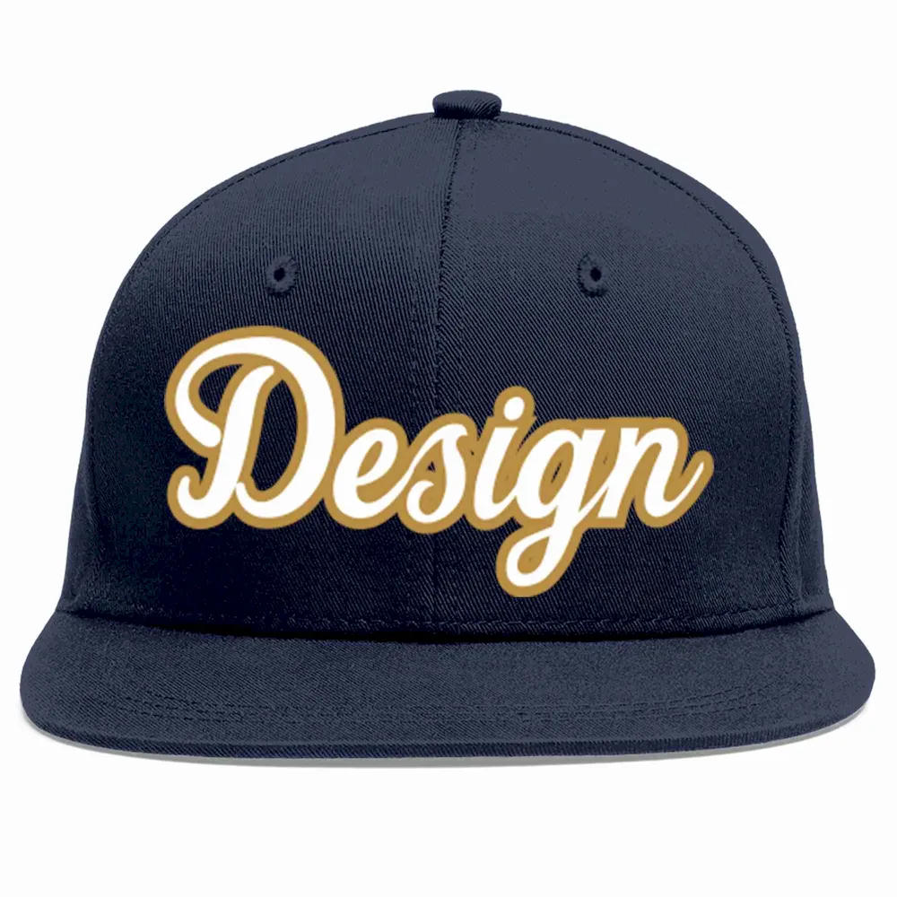 Custom Navy White-Old Gold Flat Eaves Sport Baseball Cap Design for Men/Women/Youth
