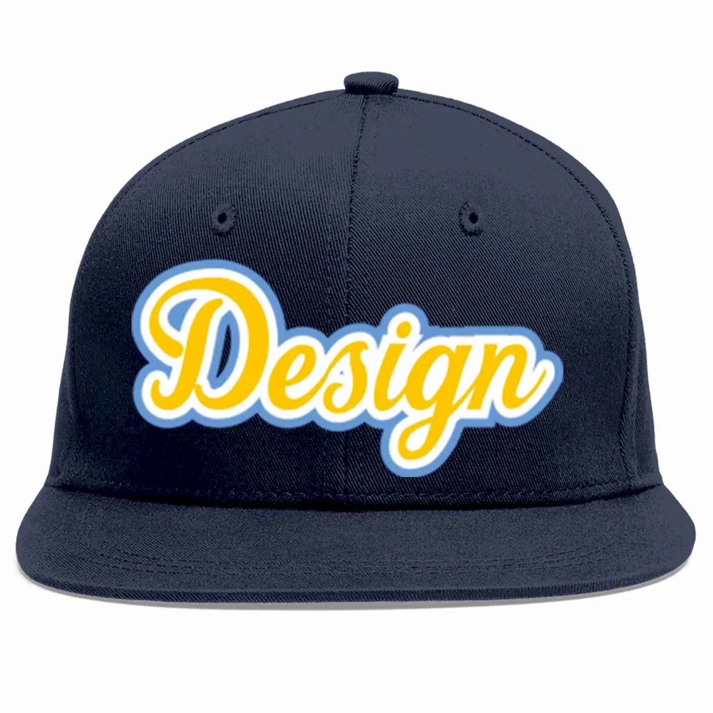 Custom Navy Gold-White Flat Eaves Sport Baseball Cap Design for Men/Women/Youth