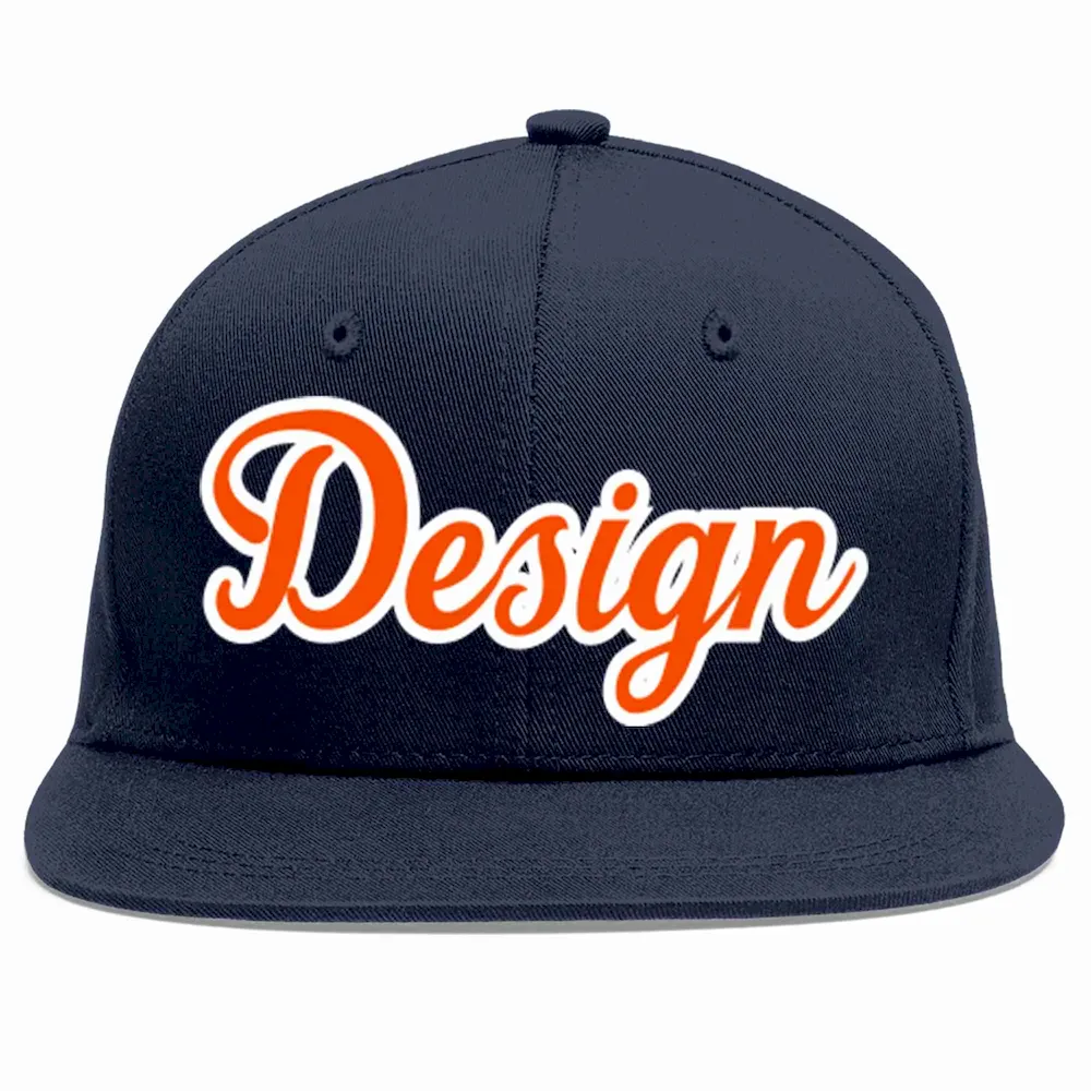 Custom Navy Orange-White Flat Eaves Sport Baseball Cap Design for Men/Women/Youth