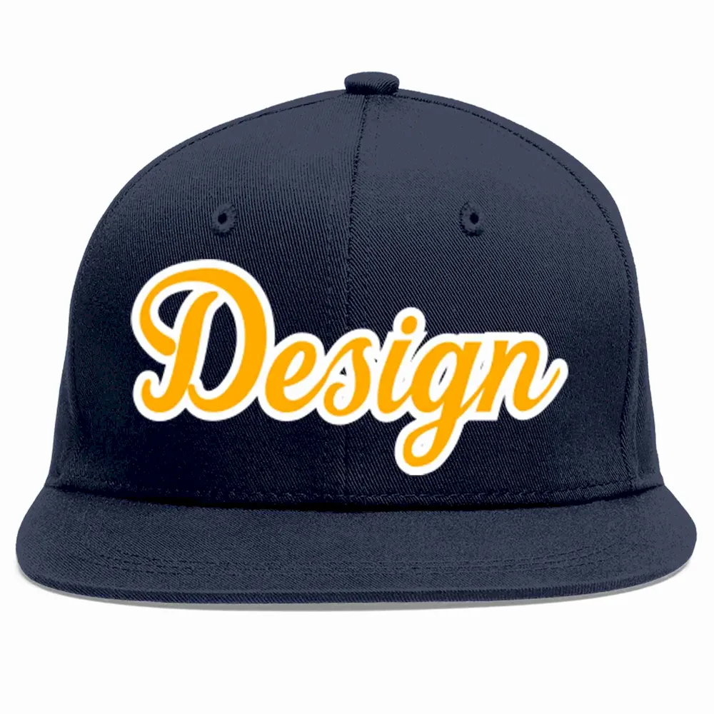 Custom Navy Yellow-White Flat Eaves Sport Baseball Cap Design for Men/Women/Youth