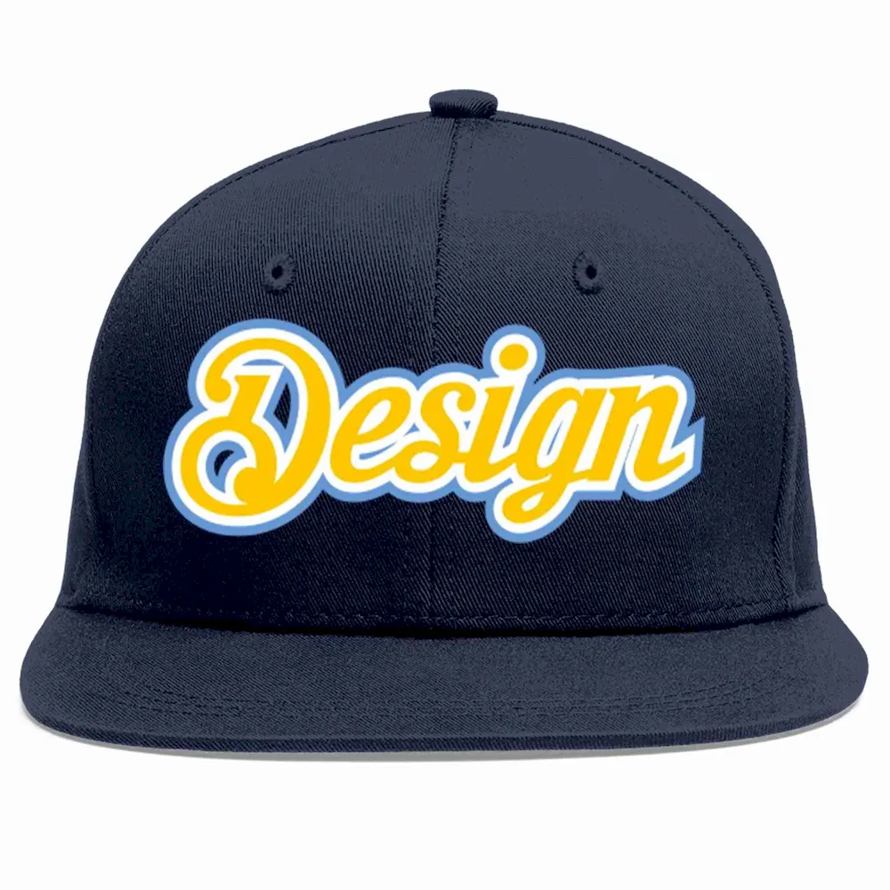 Custom Navy Gold-White Flat Eaves Sport Baseball Cap Design for Men/Women/Youth
