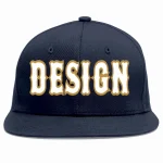 Custom Navy White-Old Gold Flat Eaves Sport Baseball Cap Design for Men/Women/Youth