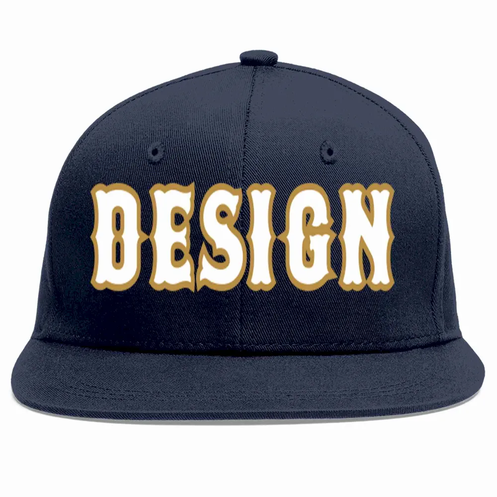 Custom Navy White-Old Gold Flat Eaves Sport Baseball Cap Design for Men/Women/Youth