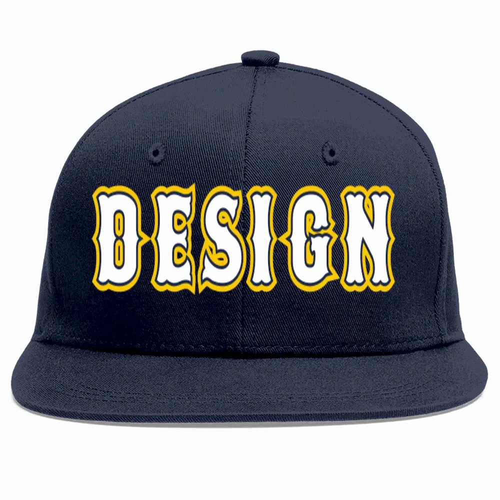 Custom Navy Gold-White Flat Eaves Sport Baseball Cap Design for Men/Women/Youth