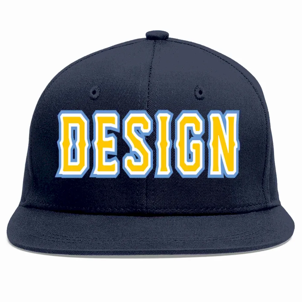 Custom Navy Gold-White Flat Eaves Sport Baseball Cap Design for Men/Women/Youth