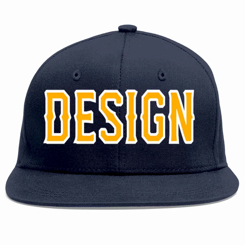 Custom Navy Yellow-White Flat Eaves Sport Baseball Cap Design for Men/Women/Youth