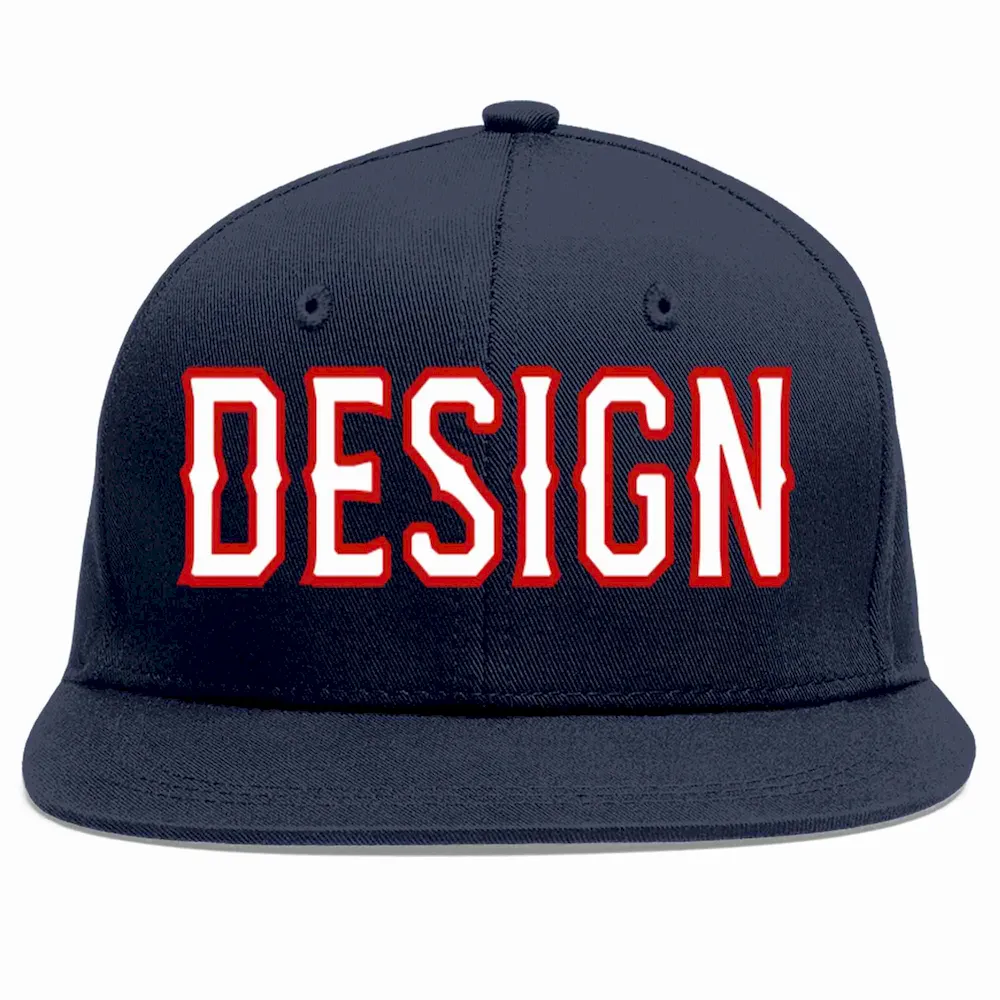 Custom Navy White-Red Flat Eaves Sport Baseball Cap Design for Men/Women/Youth