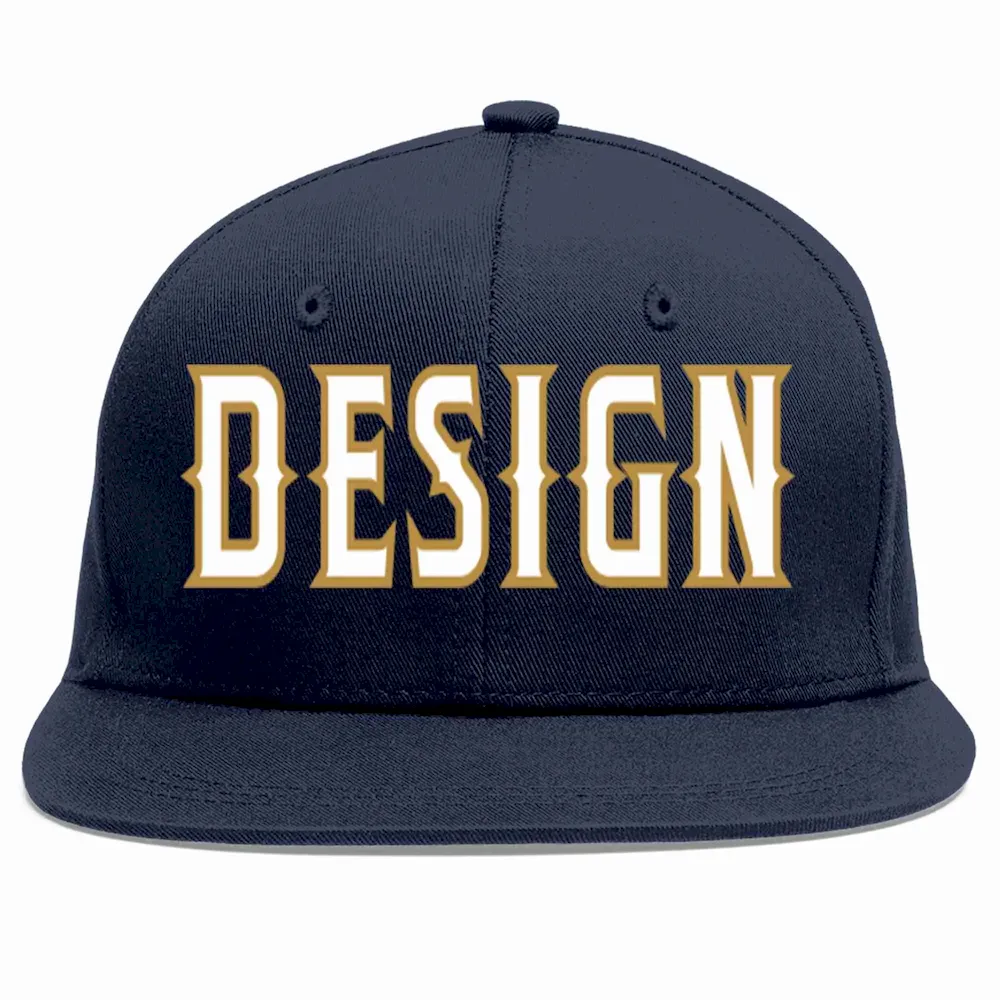 Custom Navy White-Old Gold Flat Eaves Sport Baseball Cap Design for Men/Women/Youth