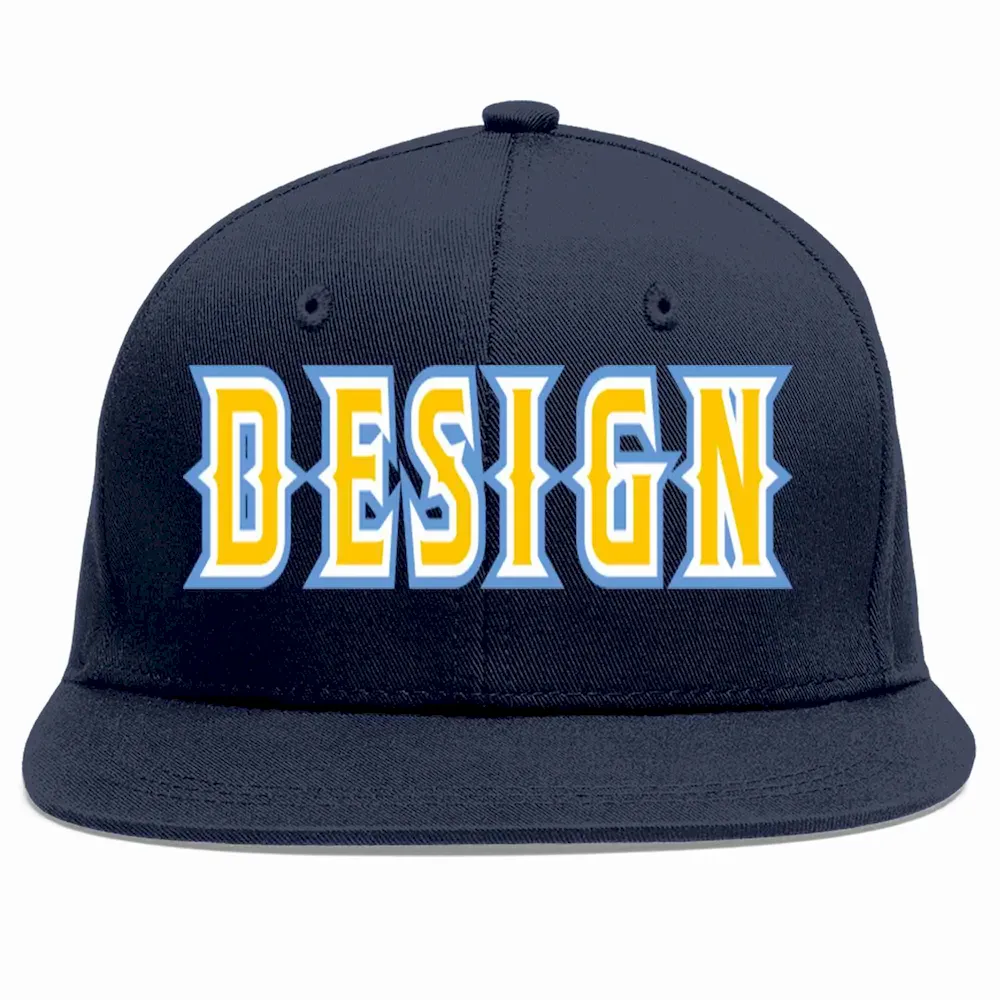 Custom Navy Gold-White Flat Eaves Sport Baseball Cap Design for Men/Women/Youth