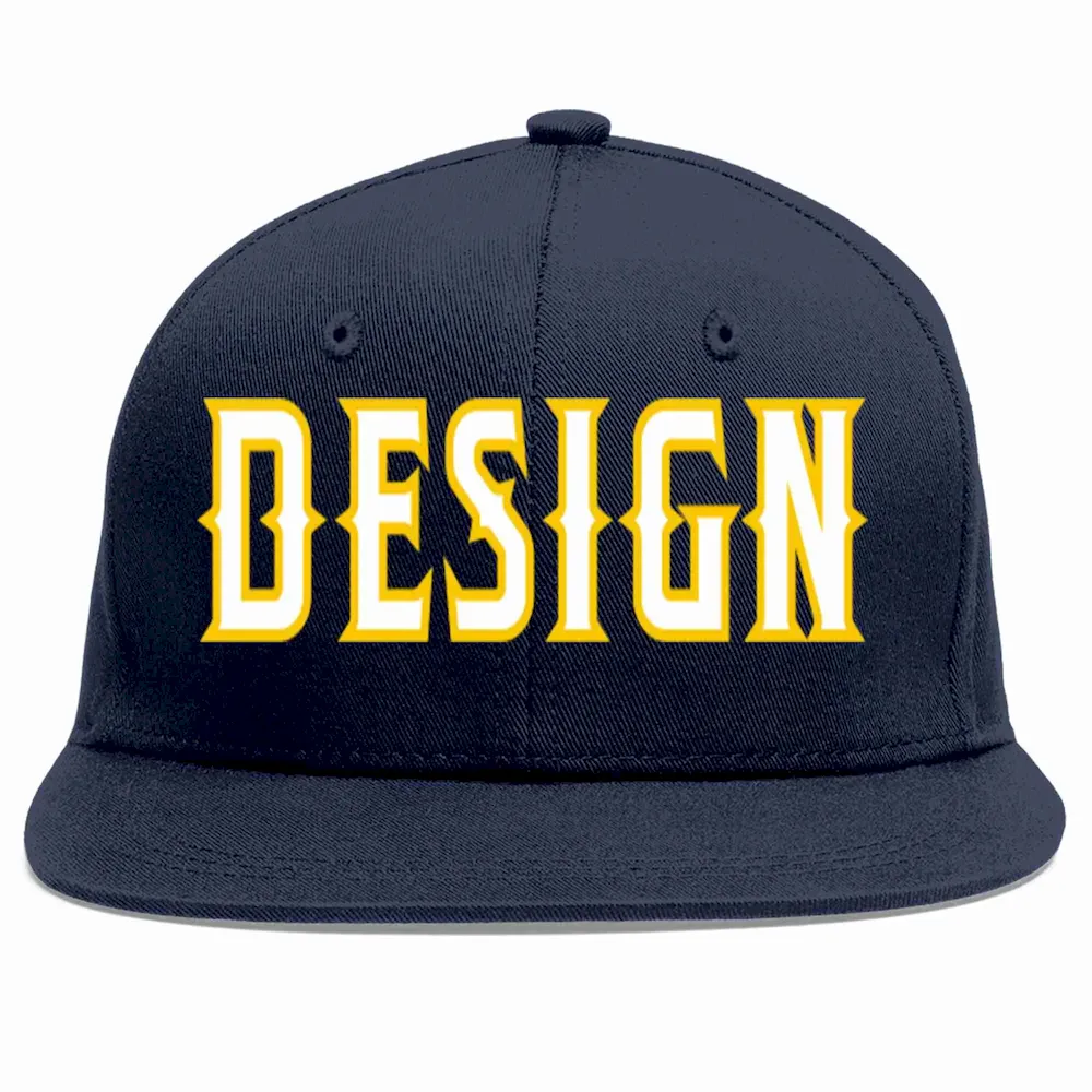 Custom Navy White-Gold Flat Eaves Sport Baseball Cap Design for Men/Women/Youth