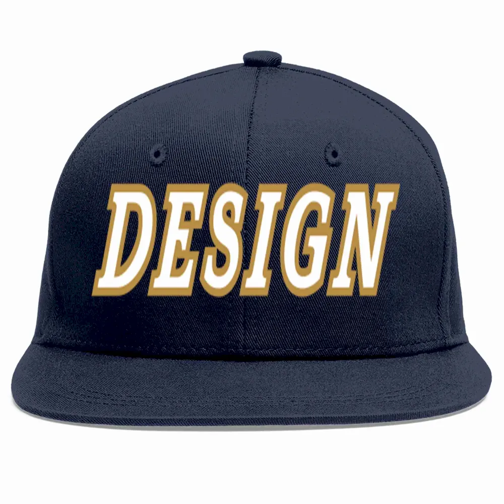 Custom Navy White-Old Gold Flat Eaves Sport Baseball Cap Design for Men/Women/Youth