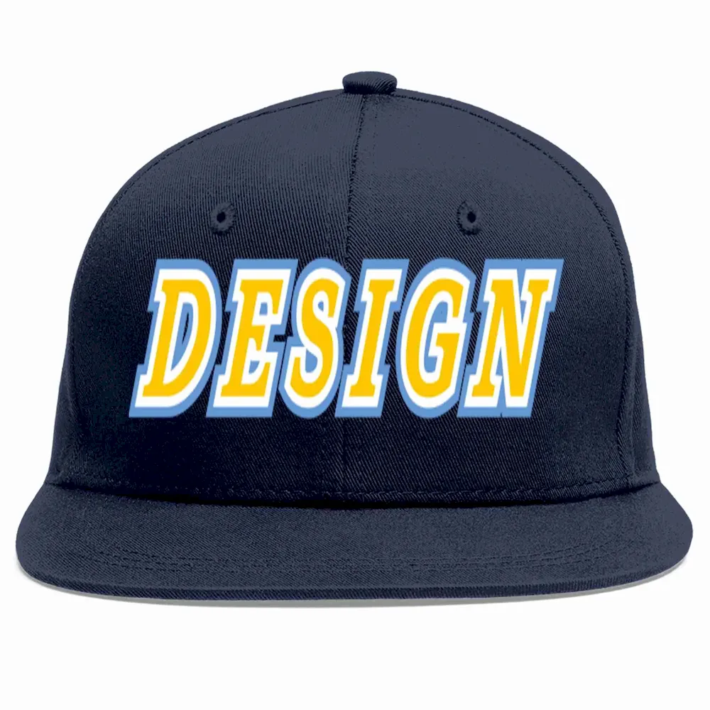 Custom Navy Gold-White Flat Eaves Sport Baseball Cap Design for Men/Women/Youth