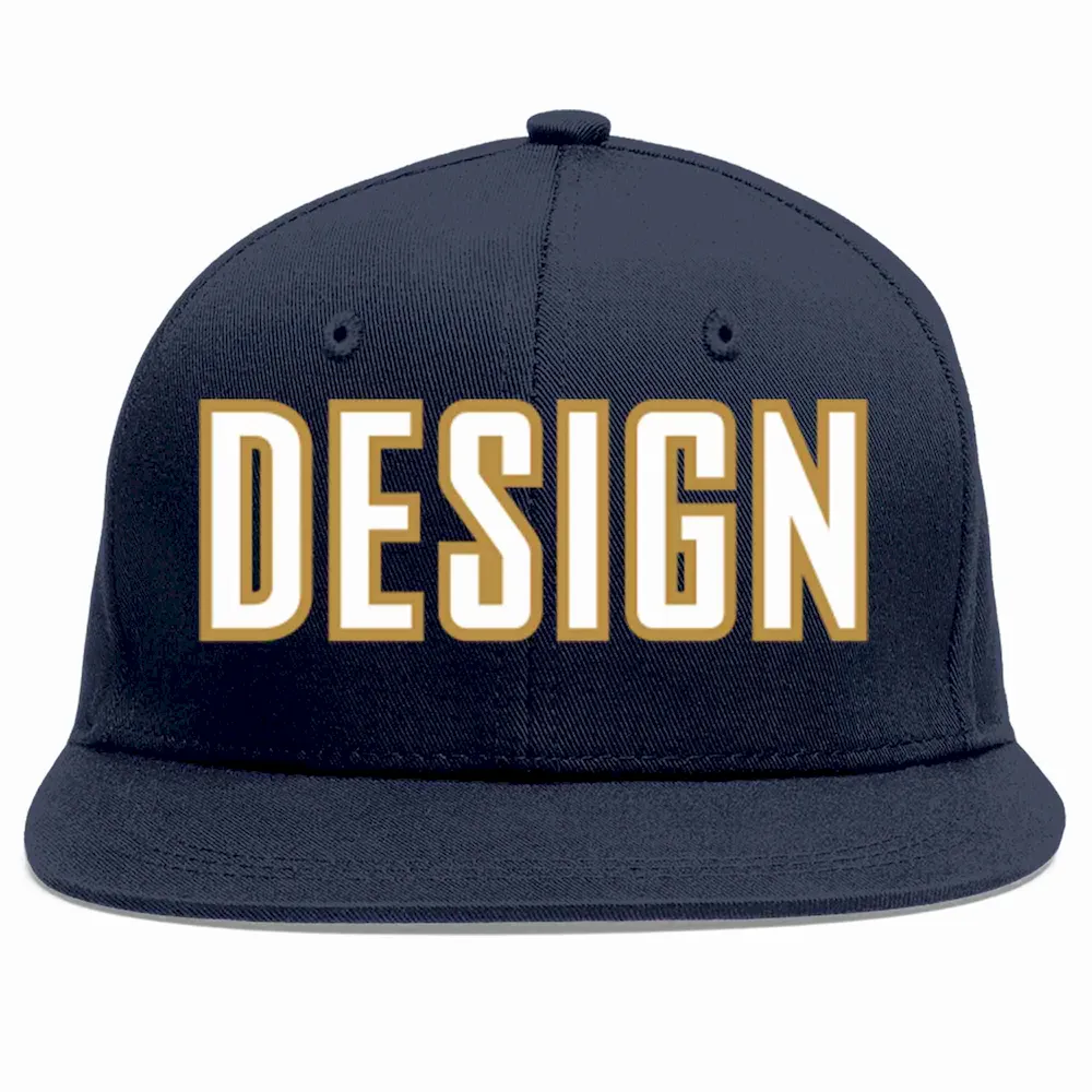 Custom Navy White-Old Gold Flat Eaves Sport Baseball Cap Design for Men/Women/Youth