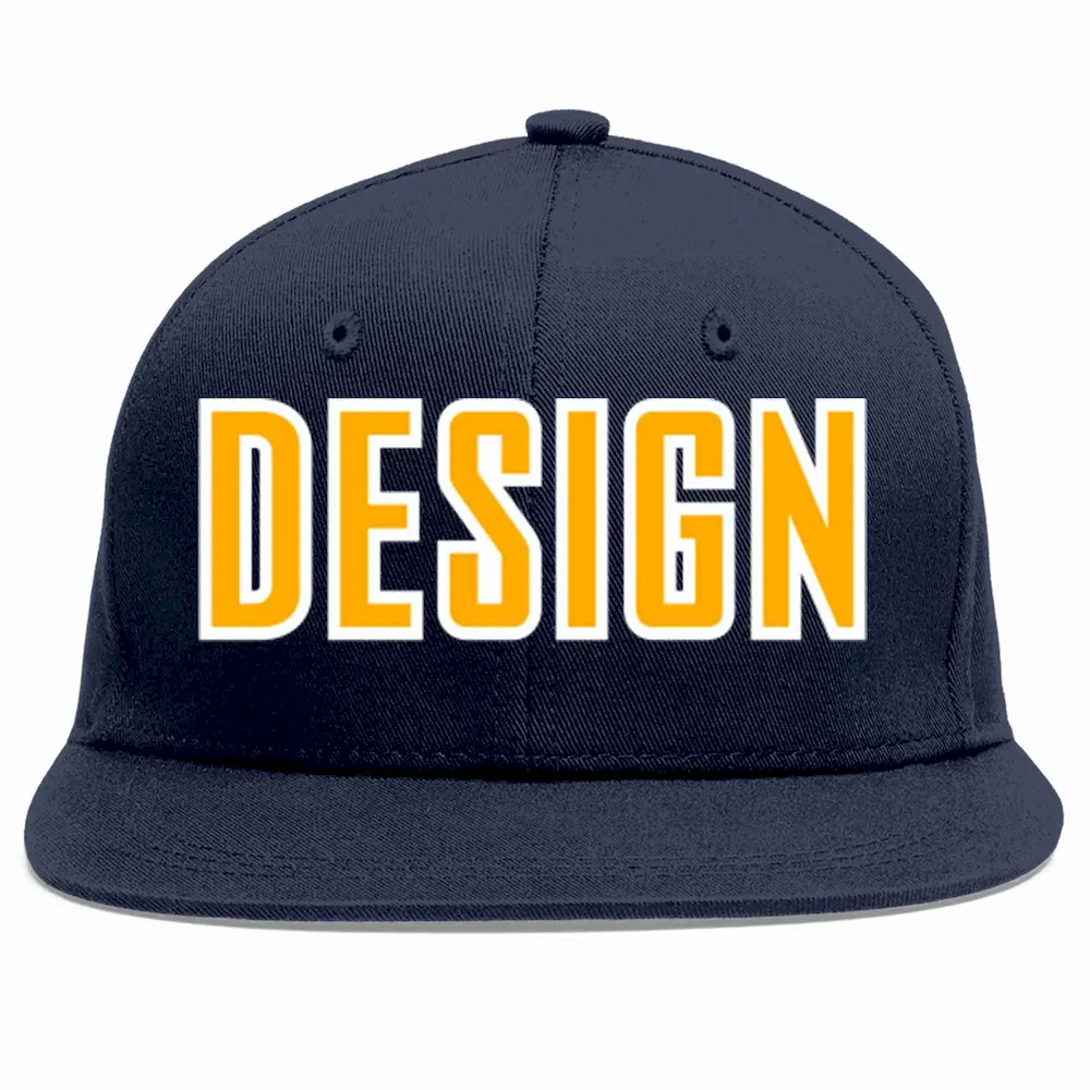 Custom Navy Yellow-White Flat Eaves Sport Baseball Cap Design for Men/Women/Youth