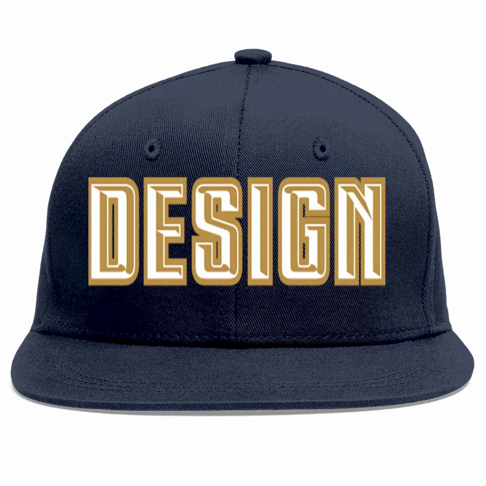 Custom Navy White-Old Gold Flat Eaves Sport Baseball Cap Design for Men/Women/Youth