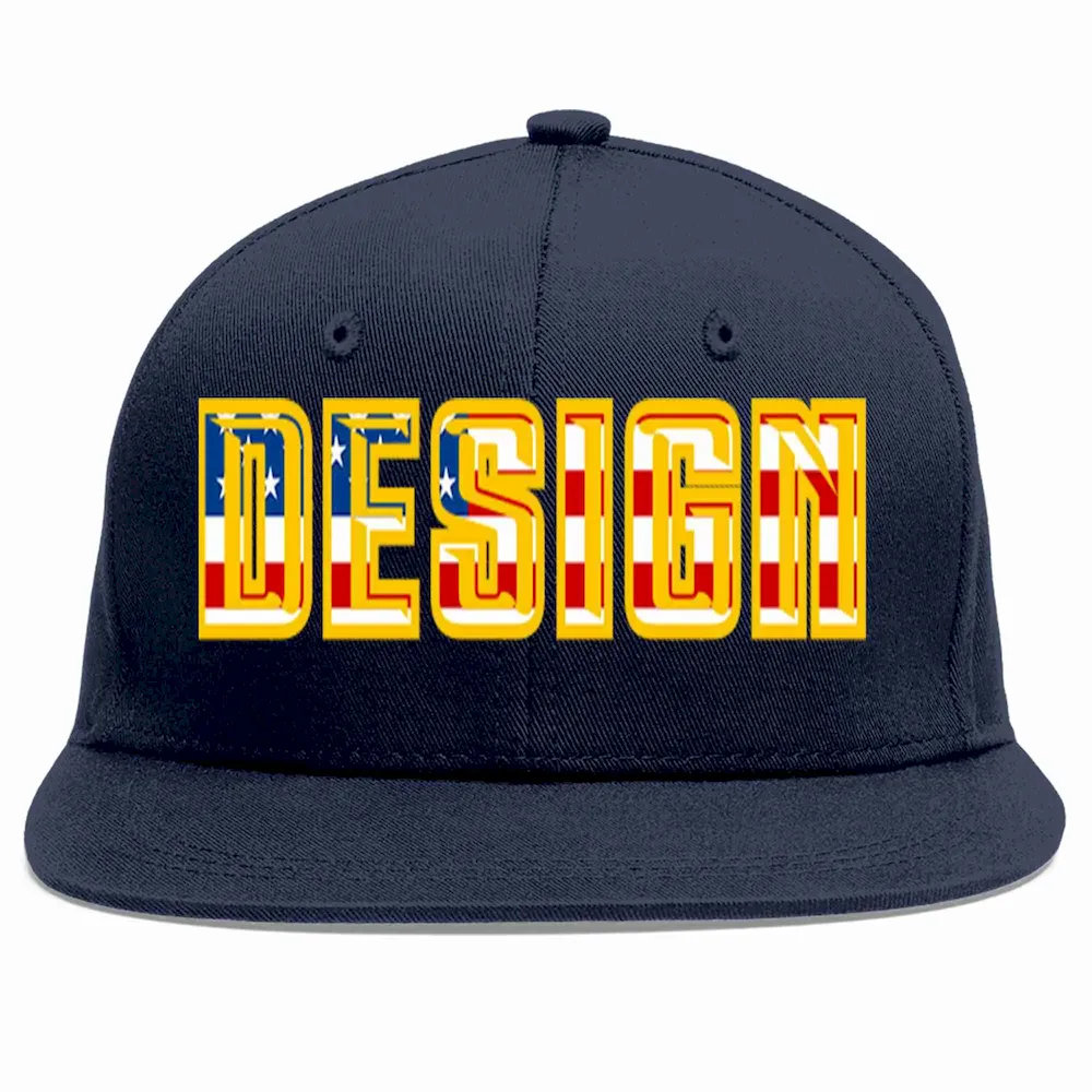 Custom Navy Vintage USA Flag-Gold Flat Eaves Sport Baseball Cap Design for Men/Women/Youth
