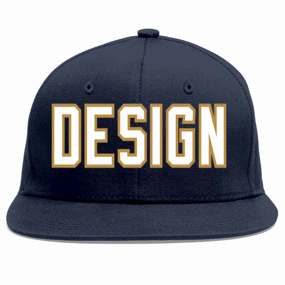 Custom Navy White-Old Gold Flat Eaves Sport Baseball Cap Design for Men/Women/Youth