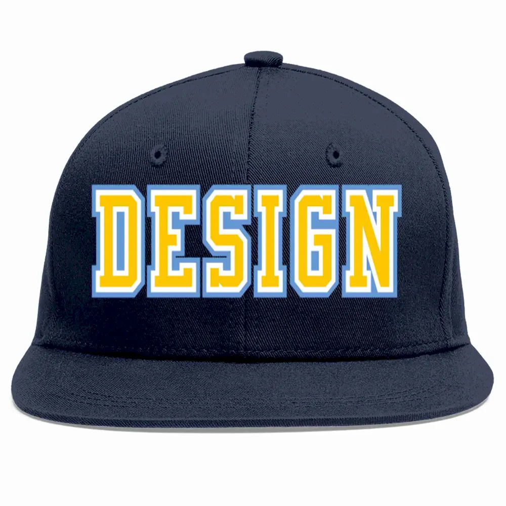 Custom Navy Gold-White Flat Eaves Sport Baseball Cap Design for Men/Women/Youth