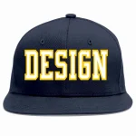 Custom Navy White-Gold Flat Eaves Sport Baseball Cap Design for Men/Women/Youth