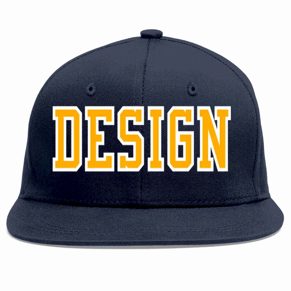 Custom Navy Yellow-White Flat Eaves Sport Baseball Cap Design for Men/Women/Youth