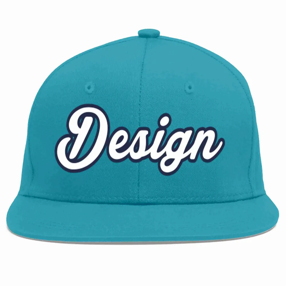 Custom Aqua White-Navy Flat Eaves Sport Baseball Cap Design for Men/Women/Youth