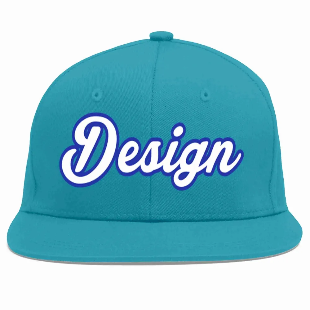 Custom Aqua White-Royal Flat Eaves Sport Baseball Cap Design for Men/Women/Youth