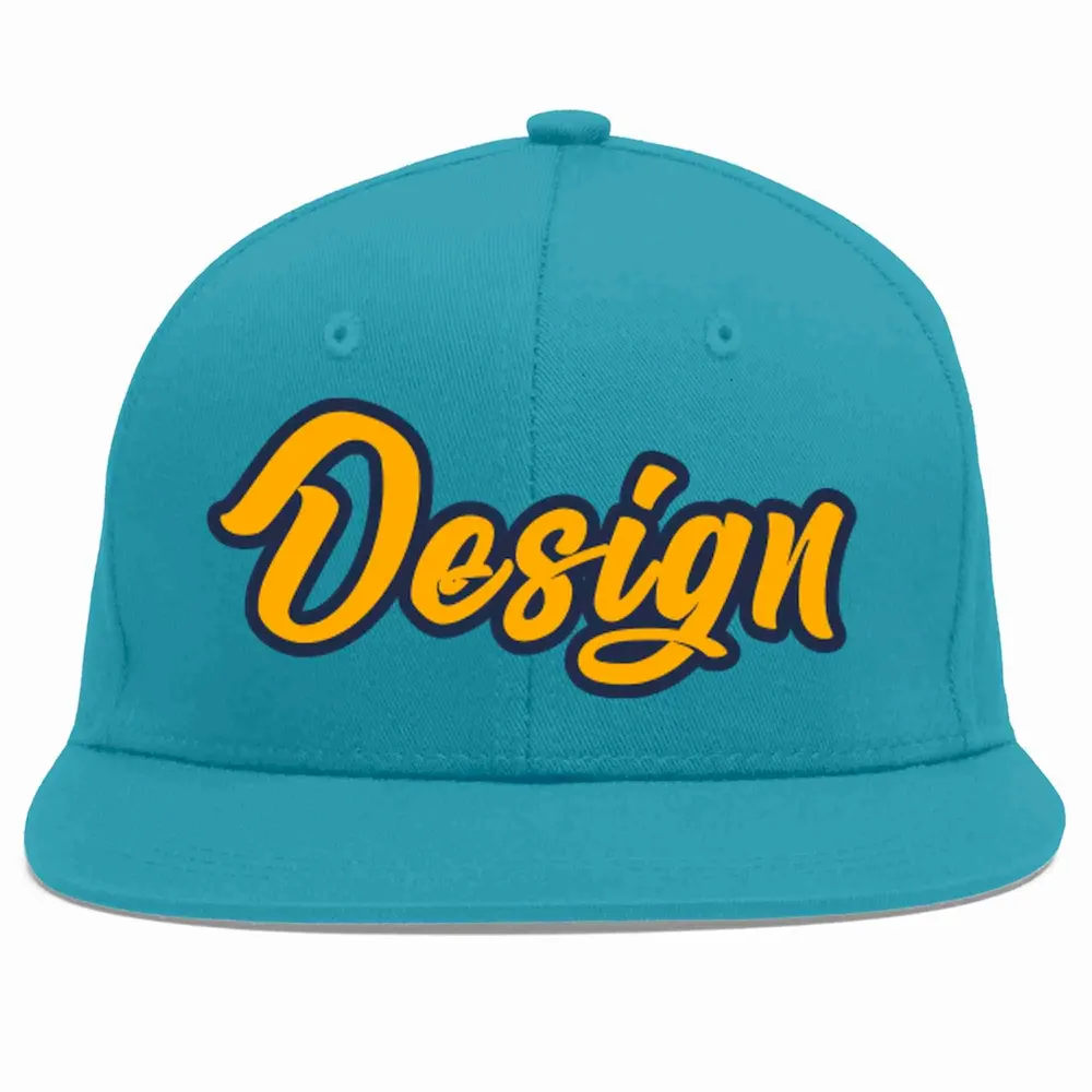 Custom Aqua Yellow-Navy Flat Eaves Sport Baseball Cap Design for Men/Women/Youth