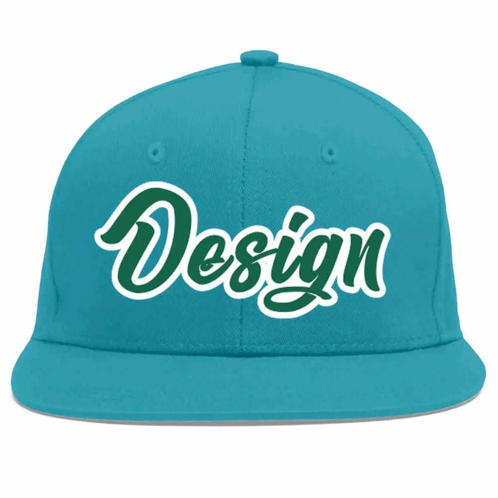 Custom Aqua Kelly Green-White Flat Eaves Sport Baseball Cap Design for Men/Women/Youth