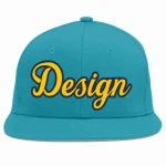 Custom Aqua Gold-Navy Flat Eaves Sport Baseball Cap Design for Men/Women/Youth