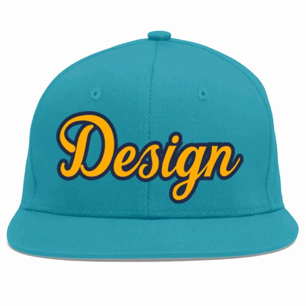 Custom Aqua Yellow-Navy Flat Eaves Sport Baseball Cap Design for Men/Women/Youth