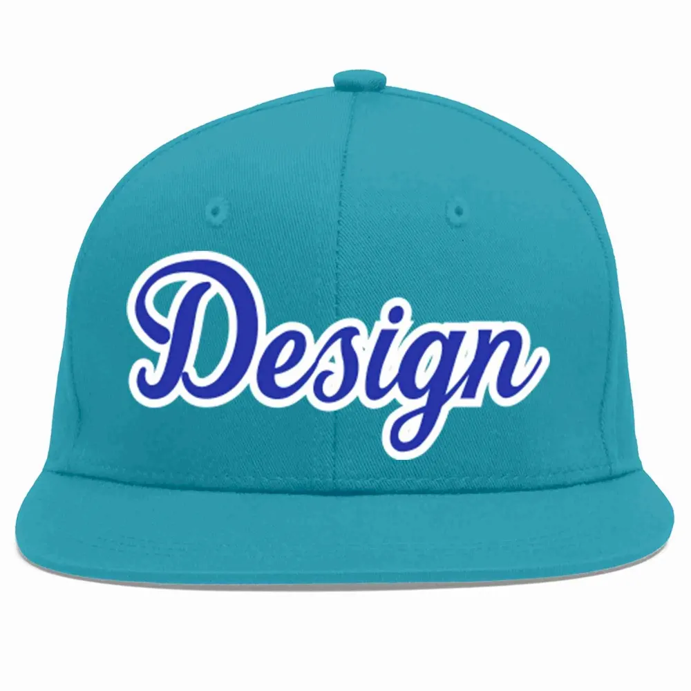 Custom Aqua Royal-White Flat Eaves Sport Baseball Cap Design for Men/Women/Youth