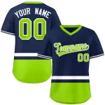 Custom Neon Green White-Navy Color Block Personalized V-Neck Authentic Pullover Baseball Jersey