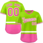 Custom Neon Green White-Pink Color Block Personalized V-Neck Authentic Pullover Baseball Jersey