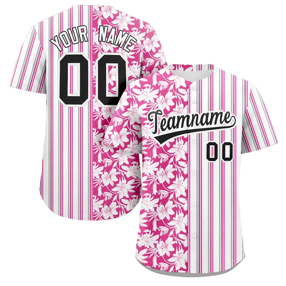 Custom White Pink Hawaii Tropical Flower Stripe Fashion Baseball Jersey