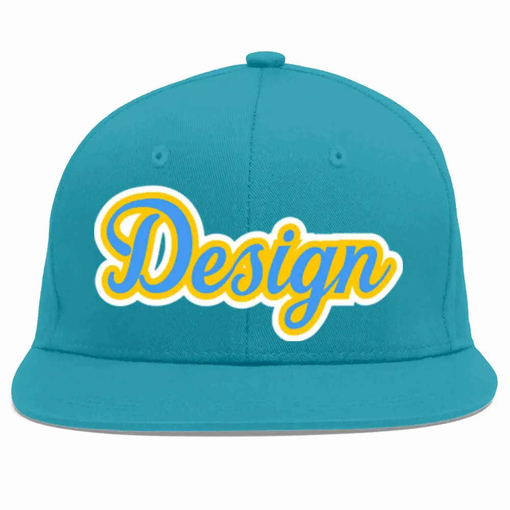 Custom Aqua Powder Blue-Gold Flat Eaves Sport Baseball Cap Design for Men/Women/Youth