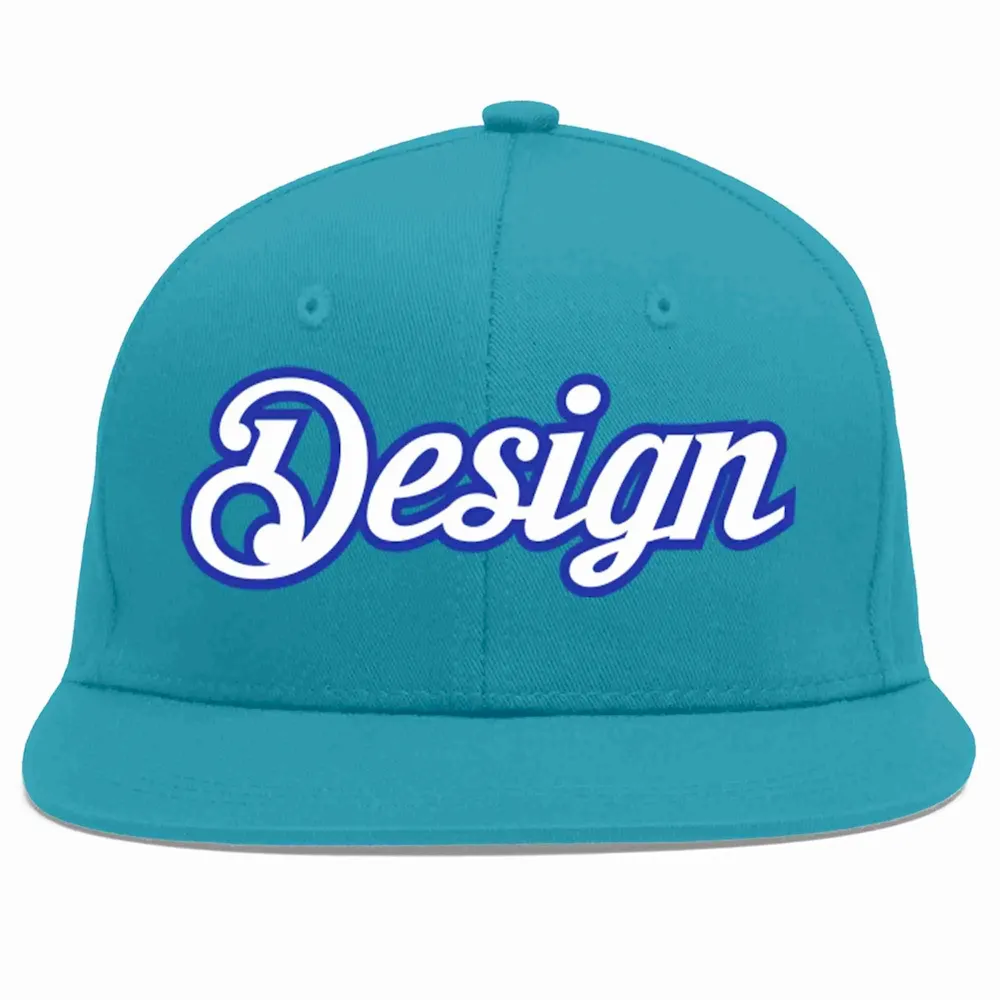 Custom Aqua White-Royal Flat Eaves Sport Baseball Cap Design for Men/Women/Youth