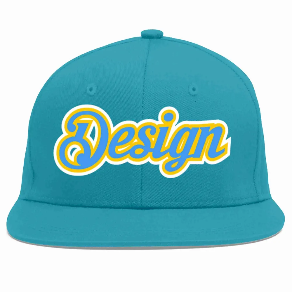 Custom Aqua Powder Blue-Gold Flat Eaves Sport Baseball Cap Design for Men/Women/Youth