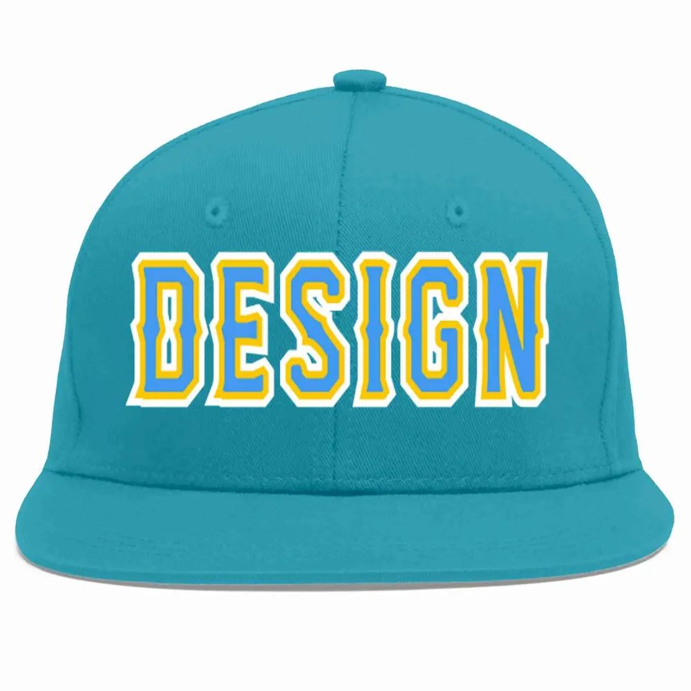 Custom Aqua Powder Blue-Gold Flat Eaves Sport Baseball Cap Design for Men/Women/Youth