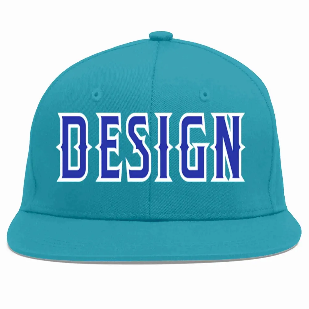 Custom Aqua Royal-White Flat Eaves Sport Baseball Cap Design for Men/Women/Youth