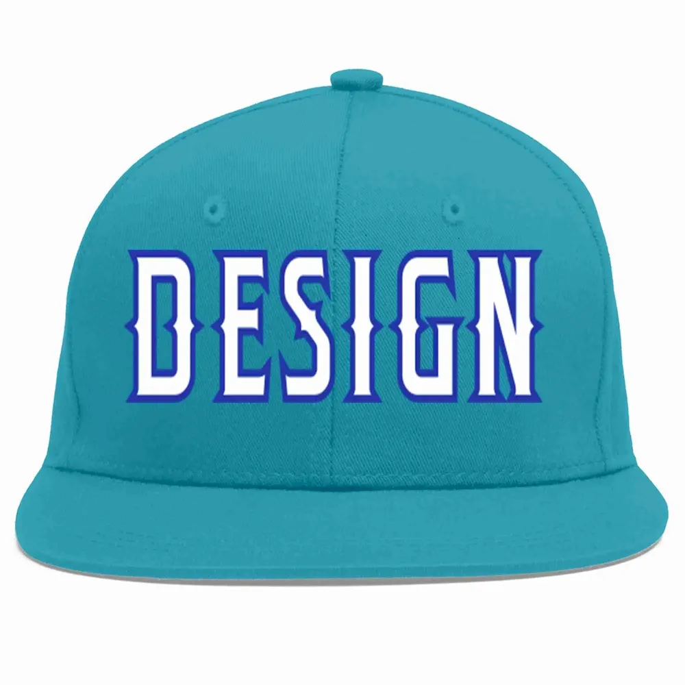 Custom Aqua White-Royal Flat Eaves Sport Baseball Cap Design for Men/Women/Youth