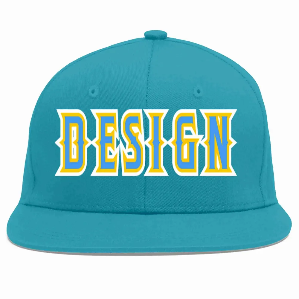 Custom Aqua Powder Blue-Gold Flat Eaves Sport Baseball Cap Design for Men/Women/Youth