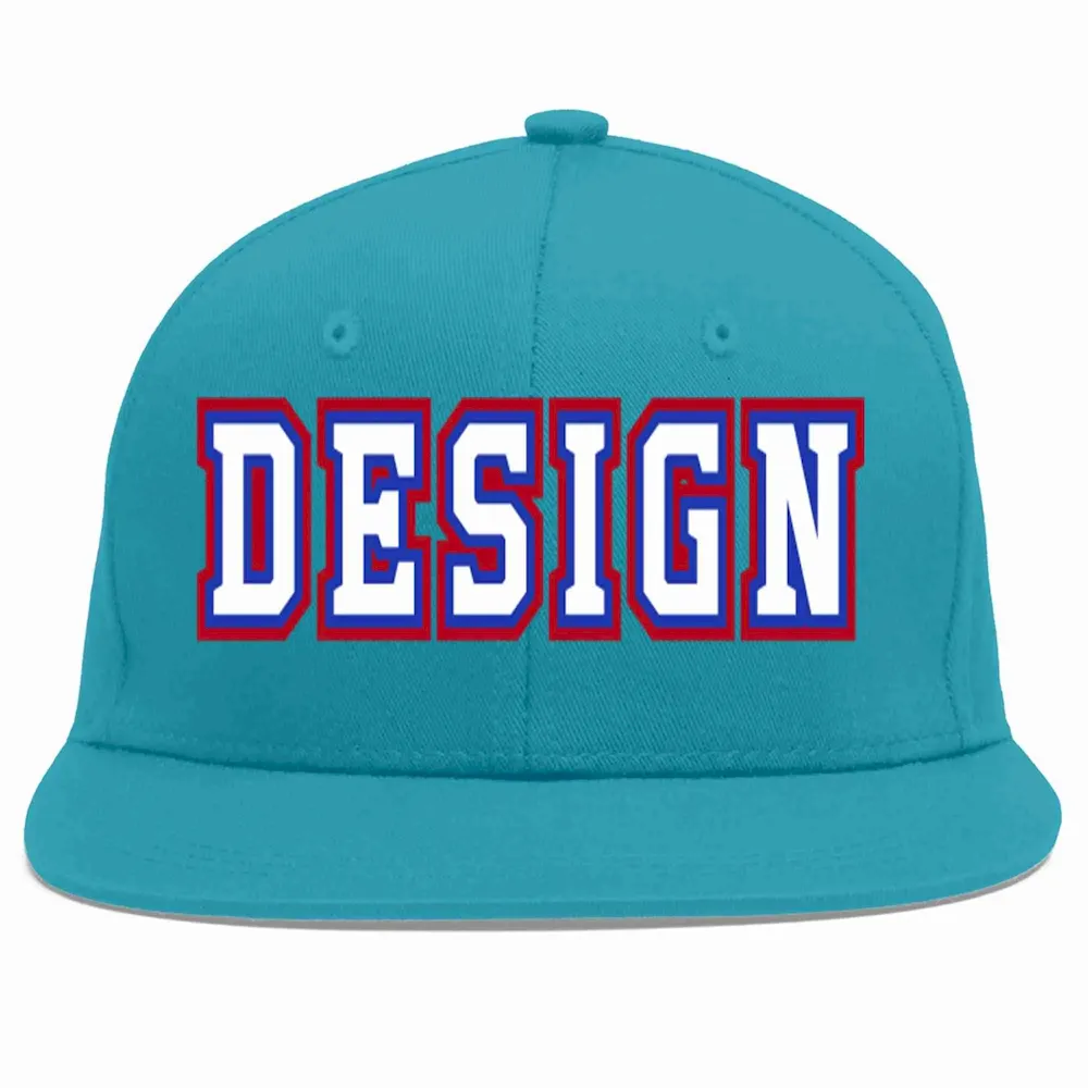Custom Aqua White-Royal Flat Eaves Sport Baseball Cap Design for Men/Women/Youth